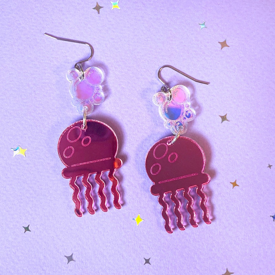 Mirrored acrylic earrings inspired by the jellyfish in Bikini Bottom.