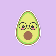 Load image into Gallery viewer, Cartoon avocado with glasses on a light purple background 
