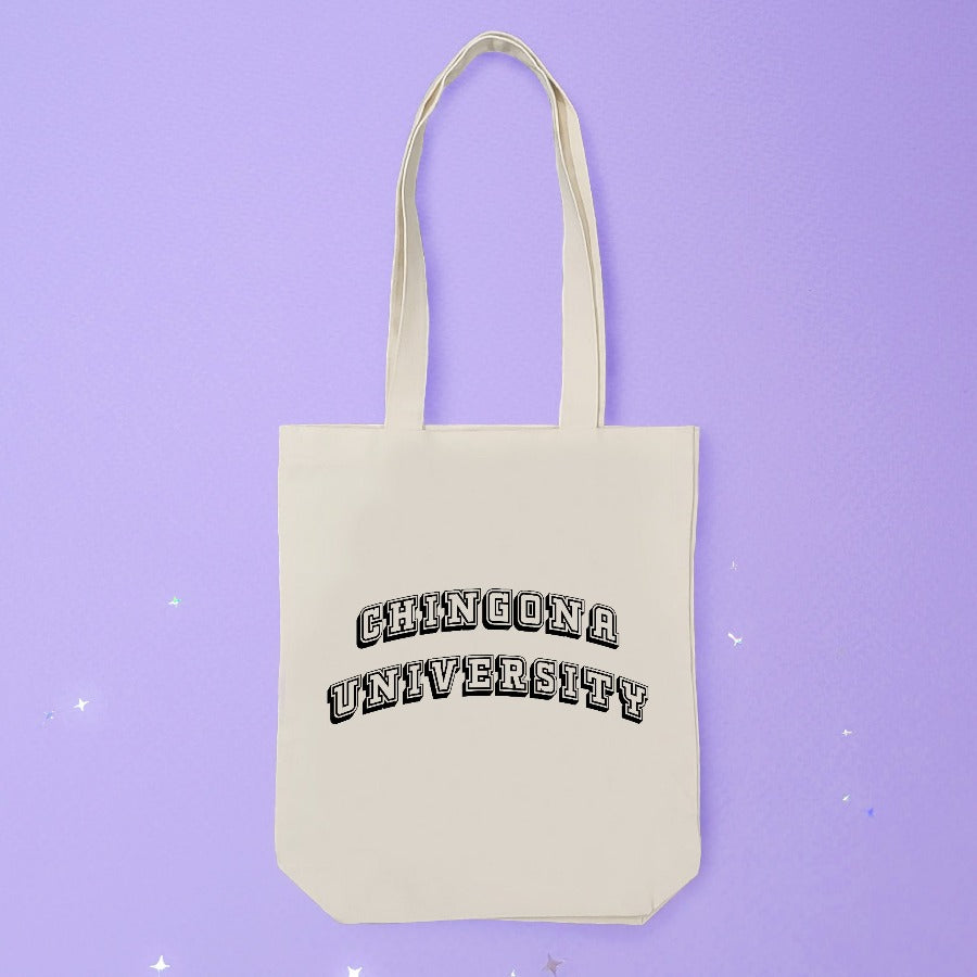 Canvas tote with Chingona University on it.